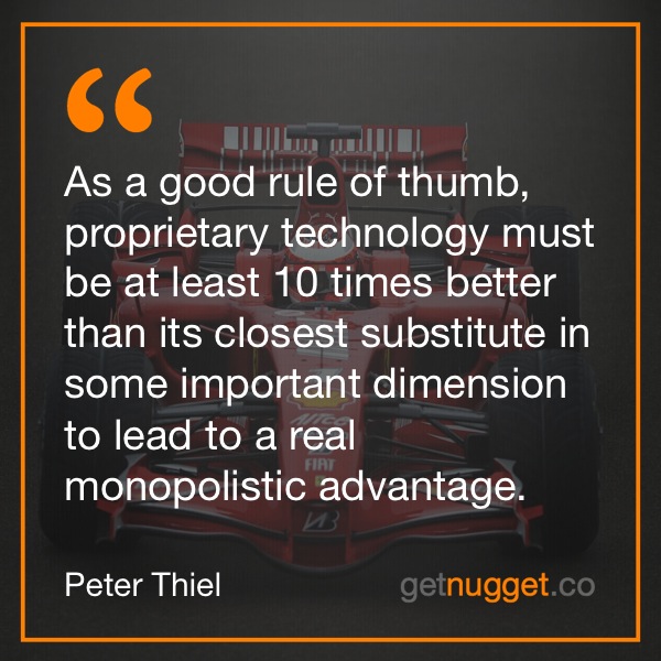 As a good rule of thumb, proprietary technology must be at least 10 times better than its closest substitute in some important dimension to lead to a real monopolistic advantage.